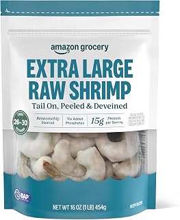 Amazon Grocery, Extra Large Raw Shrimp, Tail On, Peeled & Deveined, 16 Oz, Frozen