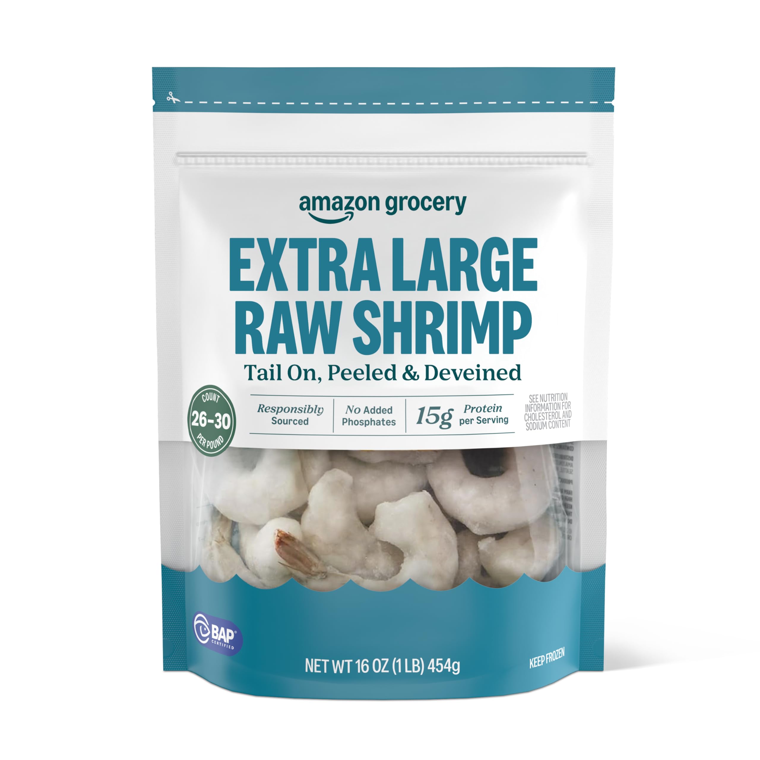 Amazon Grocery, Extra Large Raw Shrimp, Tail On, Peeled & Deveined, 16 Oz, Froze