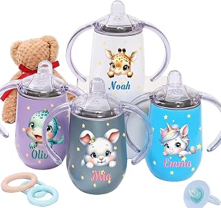 BLEGGEIT Personalized Insulated Sippy Cup for Toddlers, Custom Cute Animal and Name, Baby's First Straw Cup, Training Cup with Handle, BPA Free, 6m+, 10 oz/300ml, Birthday Baby Shower Xmas Gifts