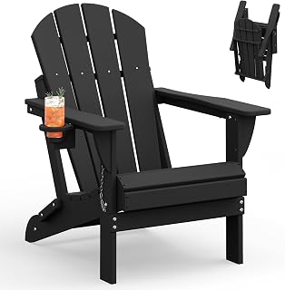 MUCHENGHY Folding Adirondack Chair, HDPE Fire Pit Chair, All-Weather, Black | Supports Your Natural Sitting, Up to 380 lbs Support,Hidden Cup Holder, Low Maintenance, Space-Saving Storage