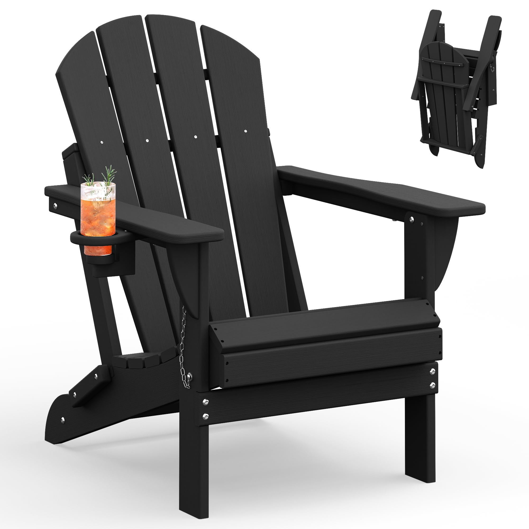 MUCHENGHY Folding Adirondack Chair, HDPE Fire Pit Chair, All-Weather, Black | Su