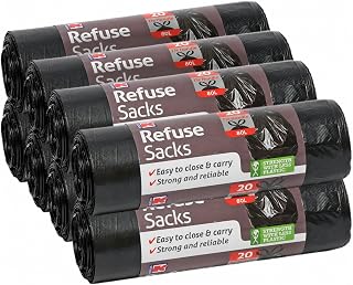 Kordis 160 Tie Handle Black Bin Bags, Heavy Duty Large Refuse Sacks 80L
