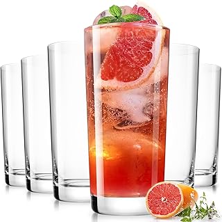 Drinking Water Glass Cups Set,Crystal Highball Glasses cups set of 6,16oz | Wide Mouth Design Clear Tall Glassware for Cocktail Parties, Family Dinners