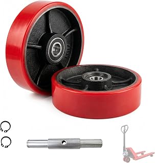Pallet Jack Steering Wheels, 7" x 2" Polyurethane Wheels with 20mm Axle ID | Cast iron cores, pre-installed bearings, axle and fasteners included for convenient maintenance and replacement