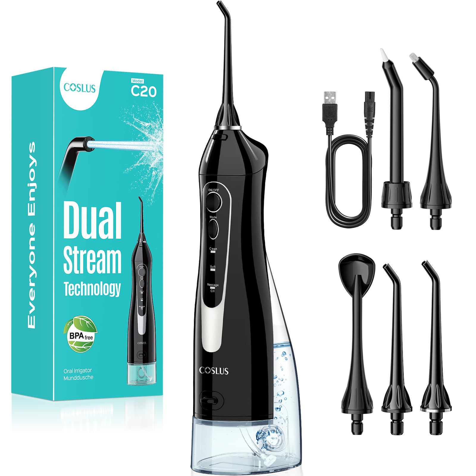COSLUS C20 Portable Water Teeth Flosser, 300ML Larger Tank, Black 1Pcs | Cordles