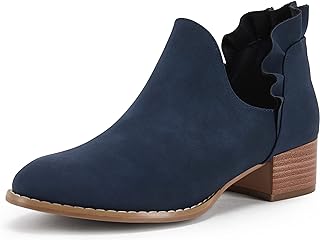 FISACE Women's Almond Toe Low Heel Western Ankle Boots Faux Leather Side Zipper Winter Shoes