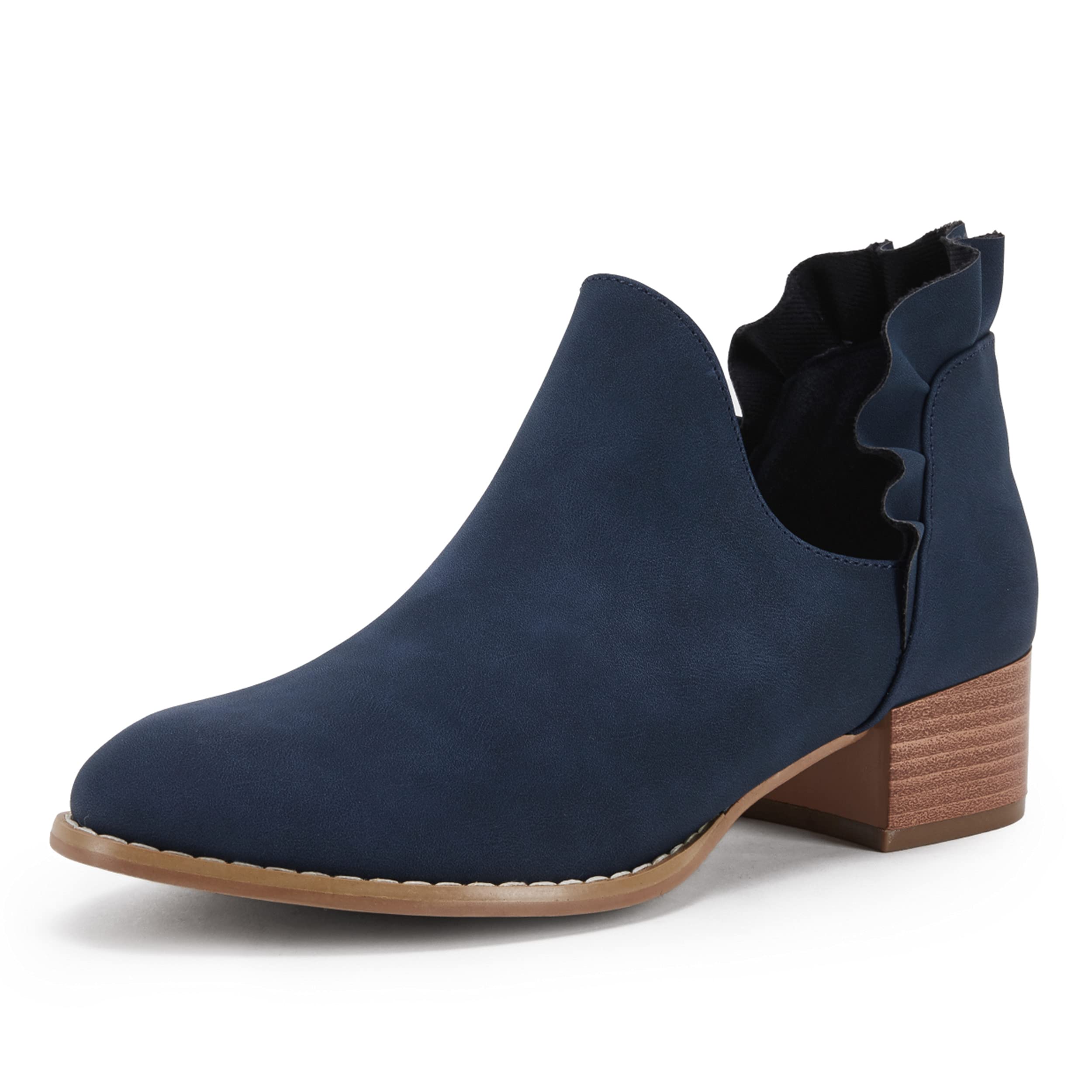 FISACE Women's Almond Toe Low Heel Western Ankle Boots Faux Leather Side Zipper 