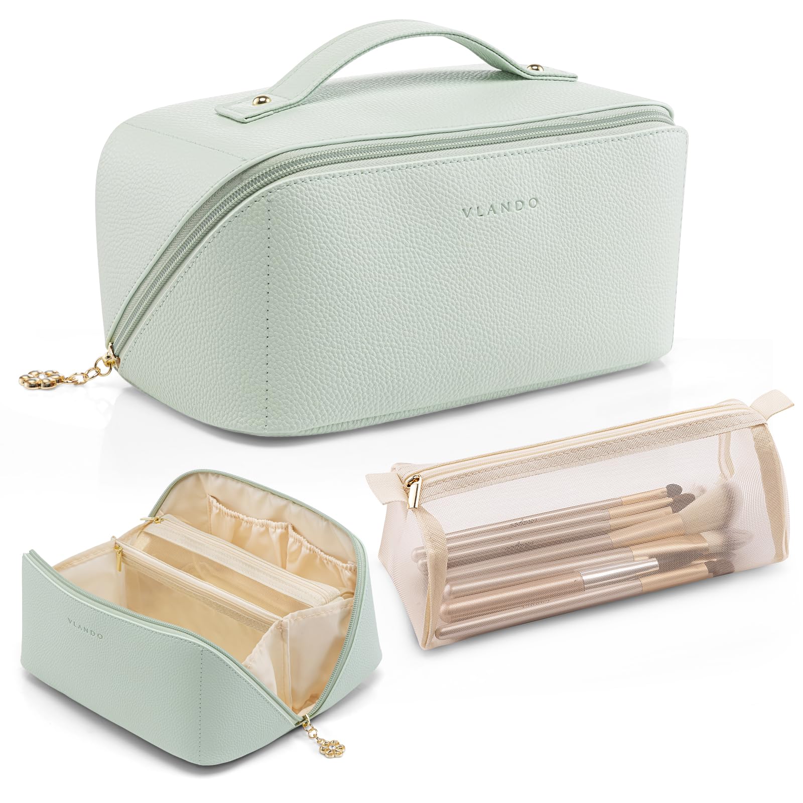 VLANDO Large Capacity Travel Makeup Bag with Compartments,Mint Green