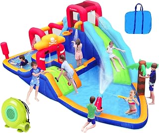 ELEMARA Inflatable Water Slide Bounce House,10 in 1 Inflatable Water Park with Blower, 2 Slides & 2 Climbing Walls & 2 Water Guns, Deep Pool Giant Splash Pool, Water Slides for Kids Backyard for 6