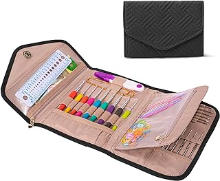 MYBAGZING Crochet Hook Holder Case, Foldable Organizer for Crochet Supplies | Crochet hook organizer with multiple slots and pockets for crochet hooks,knitting needles, stitch markers,accessories