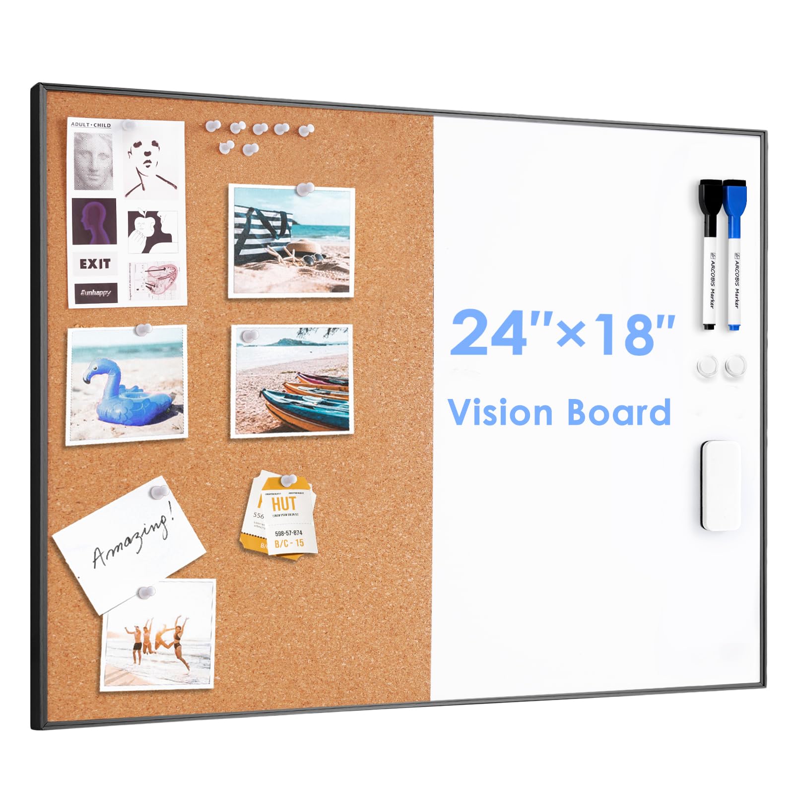 ARCOBIS Cork Board White Board Combo | 24"x18" Bulletin Board, Magnetic Dry Eras