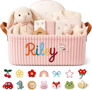 Personalized Baby Basket with Name Large Capacity Corduroy Storage Basket | Custom Corduroy Nursery Storage Bin with Knitted Name for Baby Boy Girls, Newborn Diaper Caddy Organizer, Baby Shower Gift