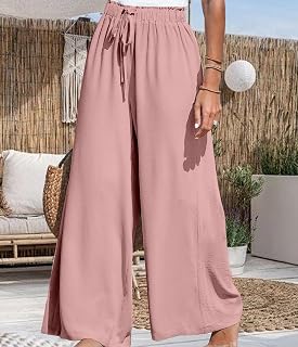 Women Casual Wide Leg Pants High Waist Pants Beach Holiday Pants Drawstring Pants
