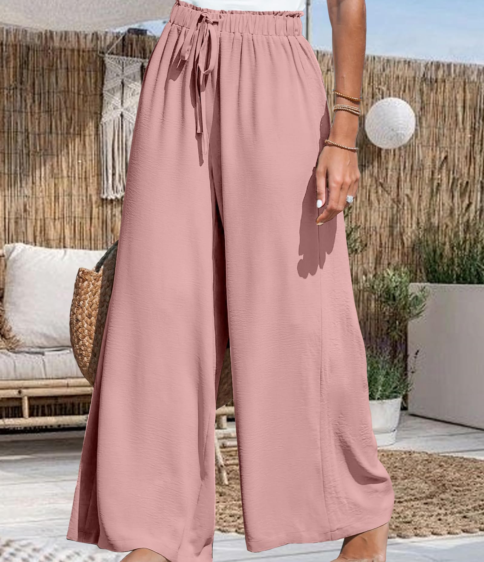 Women Casual Wide Leg Pants High Waist Pants Beach Holiday Pants Drawstring Pant