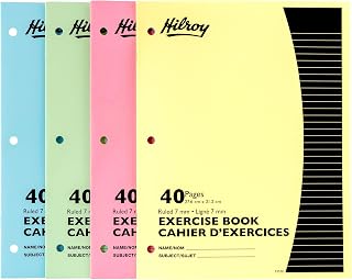 Hilroy Stitched Exercise Book, 7mm Ruled, 40 Pages/20 Sheets, 4-Pk (12102) | 3-Hole Punched, Assorted Colour Covers