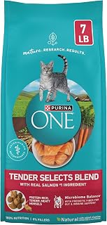 Purina ONE Tender Selects Dry Cat Food, Salmon, 7 lb Bag | Real salmon is the #1 ingredient made with carrots, peas, vitamins A and E for bright eyes, strong muscles and digestion