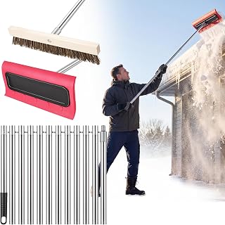 Teodute Leaf Roof Brush and Snow Rake Year-Round, 5-20ft Adjustable Length | Roof Cleaning Brush & Leaf Removal Tool with Anti-Slip Handle Extension Aluminum Pole for Shingles Corrugated Solar Panel Car