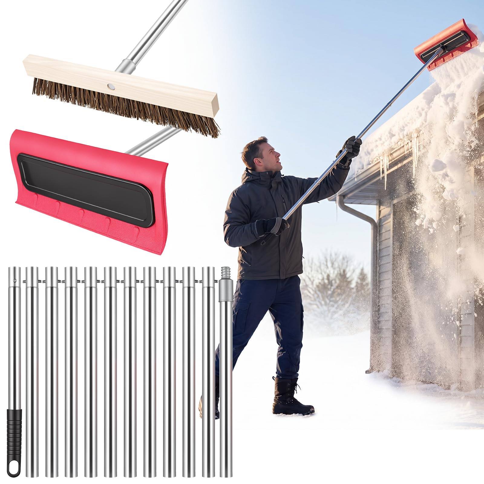 Teodute Leaf Roof Brush and Snow Rake Year-Round, 5-20ft Adjustable Length | Roo