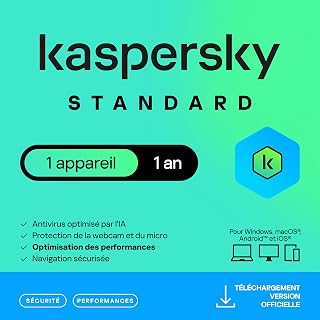 Kaspersky Standard Anti-Virus 2026 | 1 appareil | 1 an | Sécurité Avancée | Protection bancaire | Optimisation des performances | PC/Mac/Mobile | Code d'activation par email