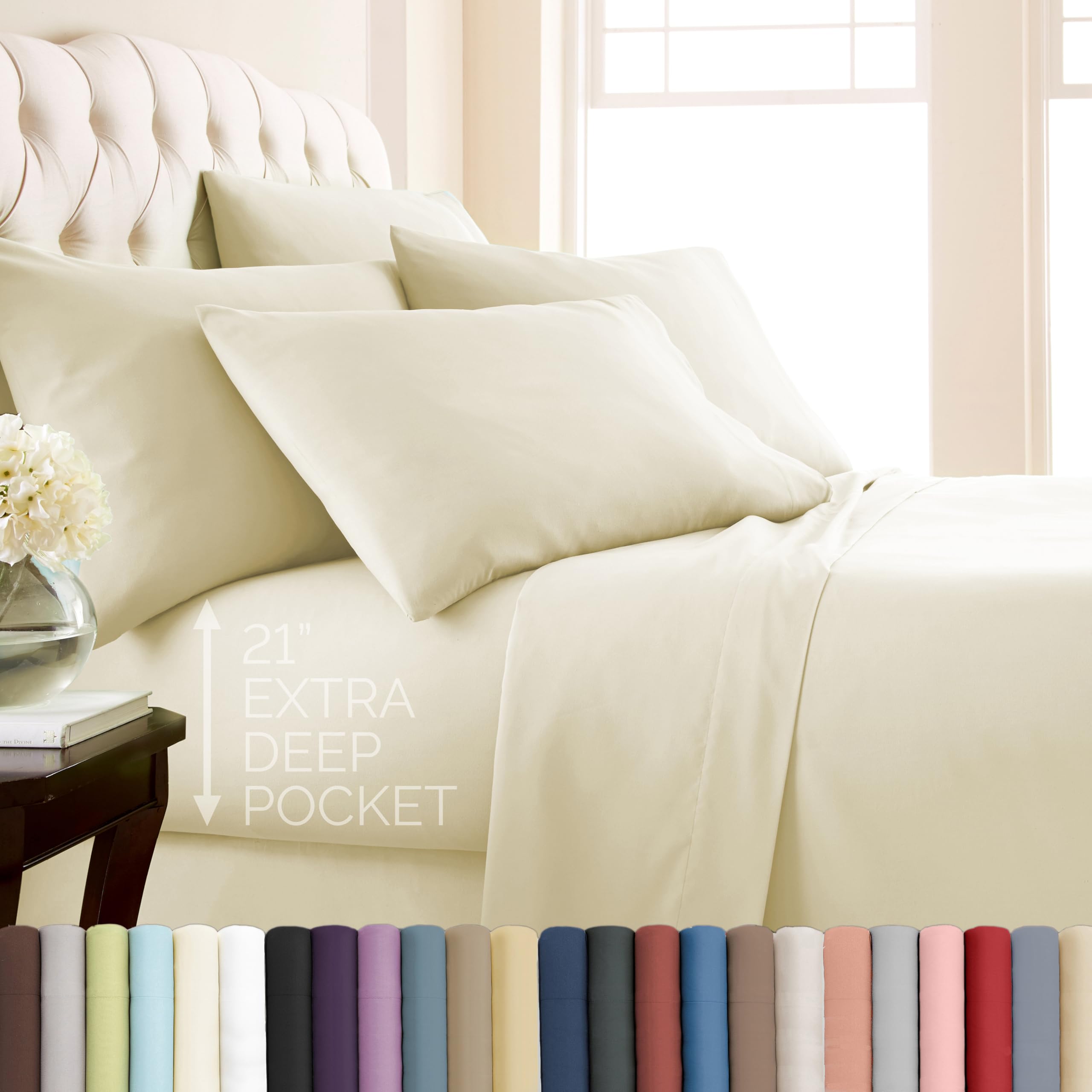 21 Inch Deep Pocket King Sheet Set Wrinkle Resistant Soft Microfiber Cream
