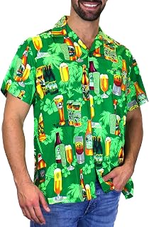 V.H.O. Men's Hawaiian Shirt Short Sleeve Bottles Beer Palm Trees Party Aloha Unisex