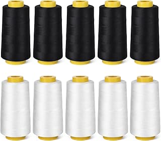 HANLANXUE 10 Cones Serger Thread for All-Purpose Sewing | Black &amp; White Heavy Duty Polyester Thread for Sewing Machine 3000 Yards Each Spool Serger