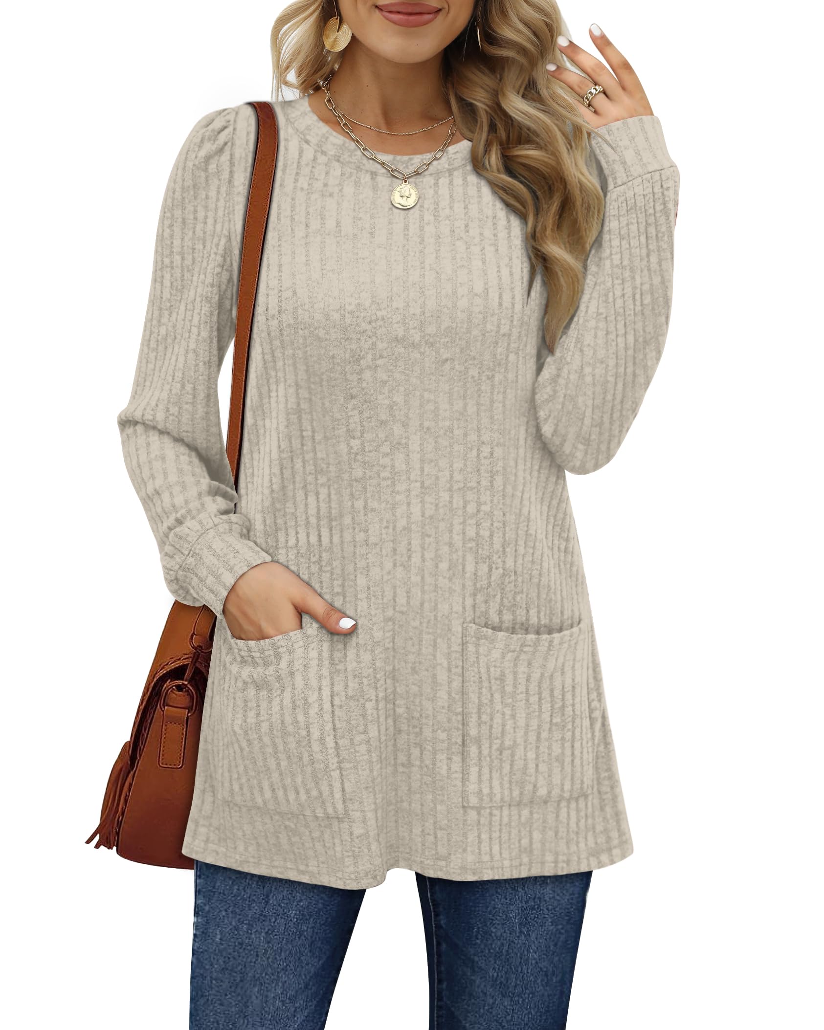 Aokosor Women's Long Sleeve Striped Tunic Top with Pockets