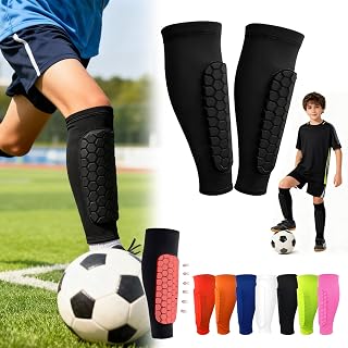 Football Shin Pads Guards for Boys Girls, Kids Shin Defender Pad with Honeycomb Compression Sleeves, Elastic Lightweight Breathable Protector Socks for Youth Soccer Baseball Impact Absorption