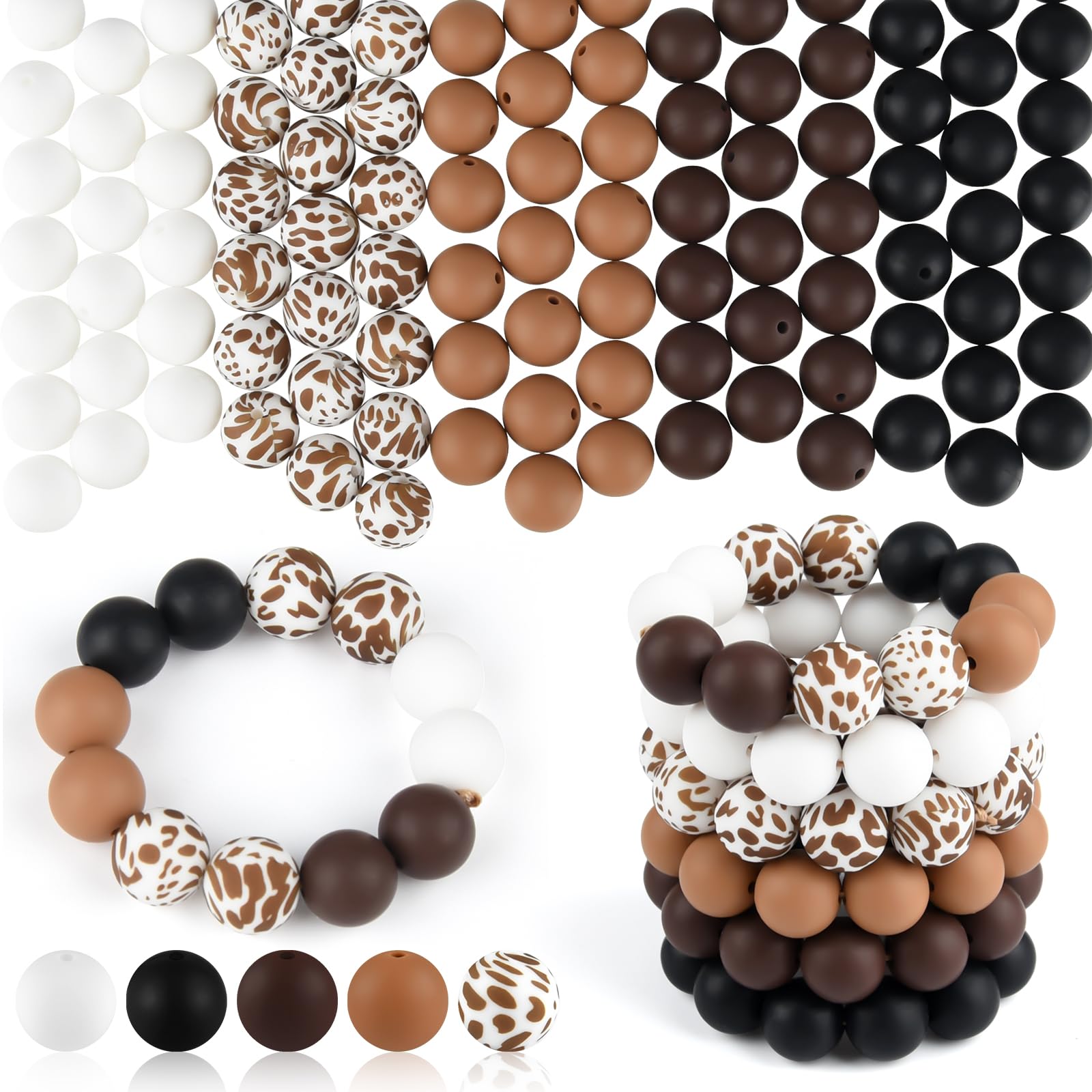 ASTARON 100 Pcs 15mm Cow Brown Black Silicone Beads for Keychain Making | Silico