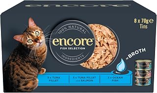Encore Natural 100% Wet Adult Cat Food, Fish Selection in Broth, 8x70g Tins