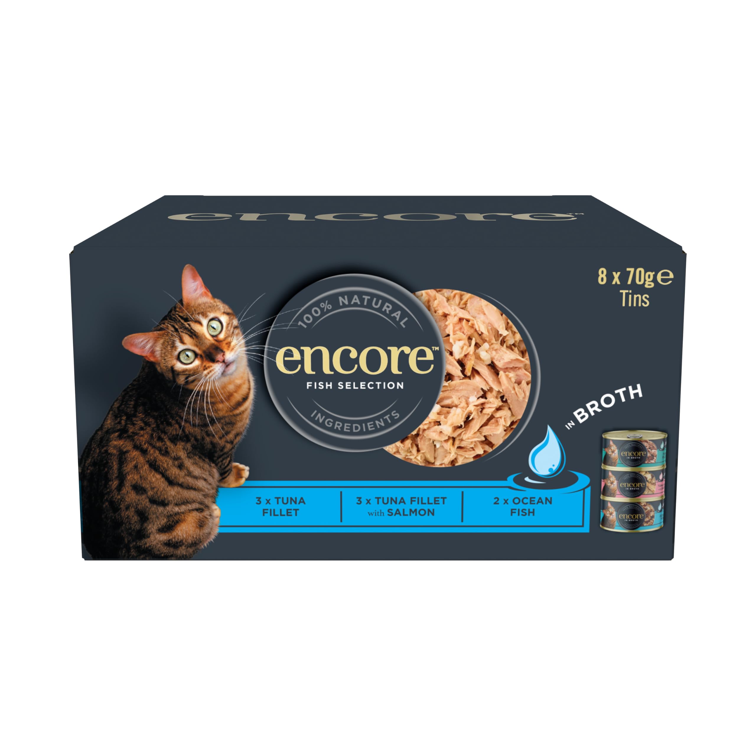 Encore Natural 100% Wet Adult Cat Food, Fish Selection in Broth, 8x70g Tins