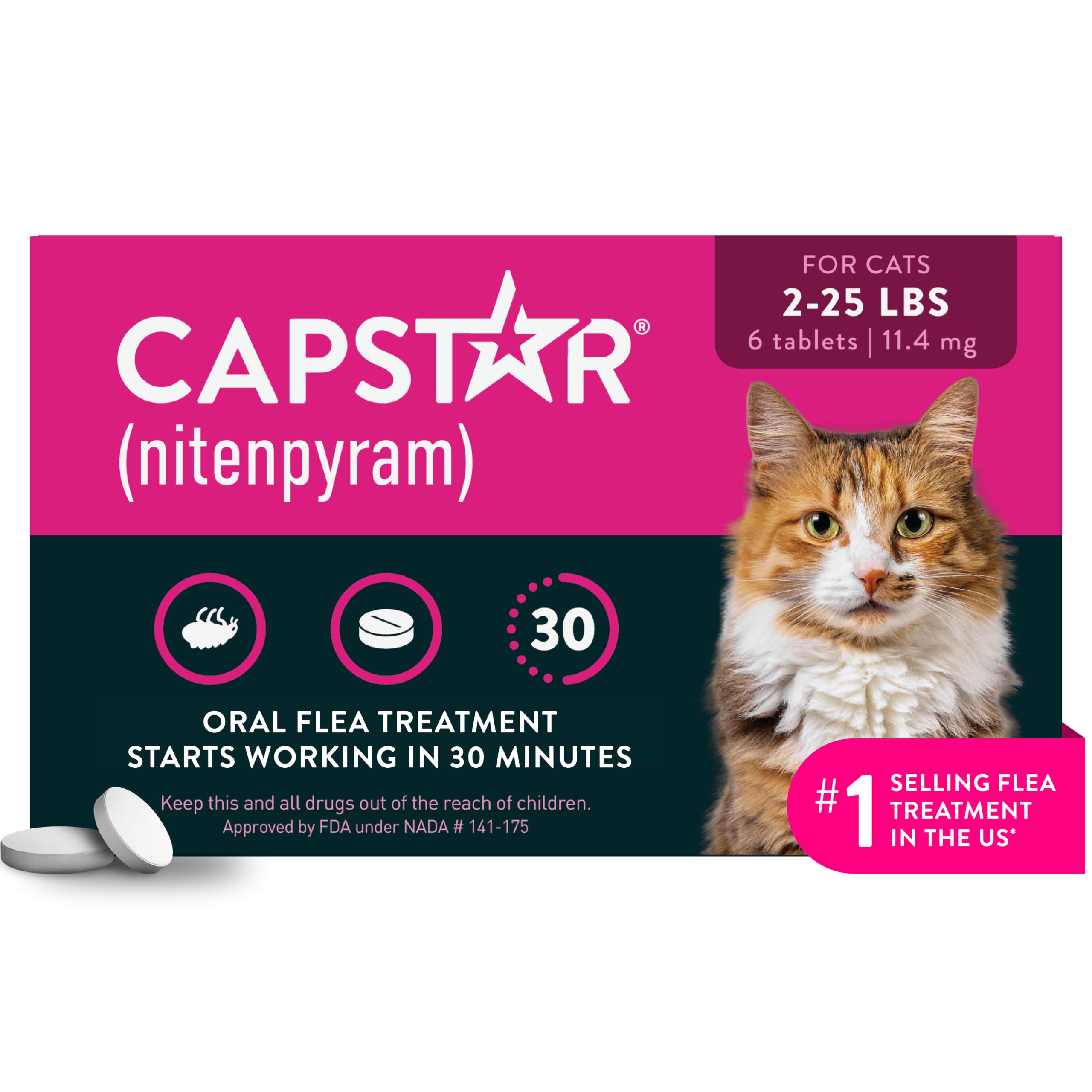 Capstar Oral Flea Tablets Cats 2-25 lbs, Nitenpyram, 6-Dose | Ideal for Cats 2-2