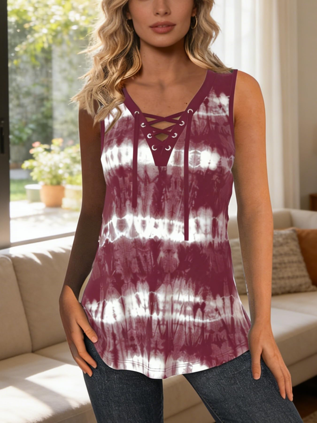 Plus Size Women Sleeveless Fashion Tie Dye Print Tank Tops Women Casual Round Ne