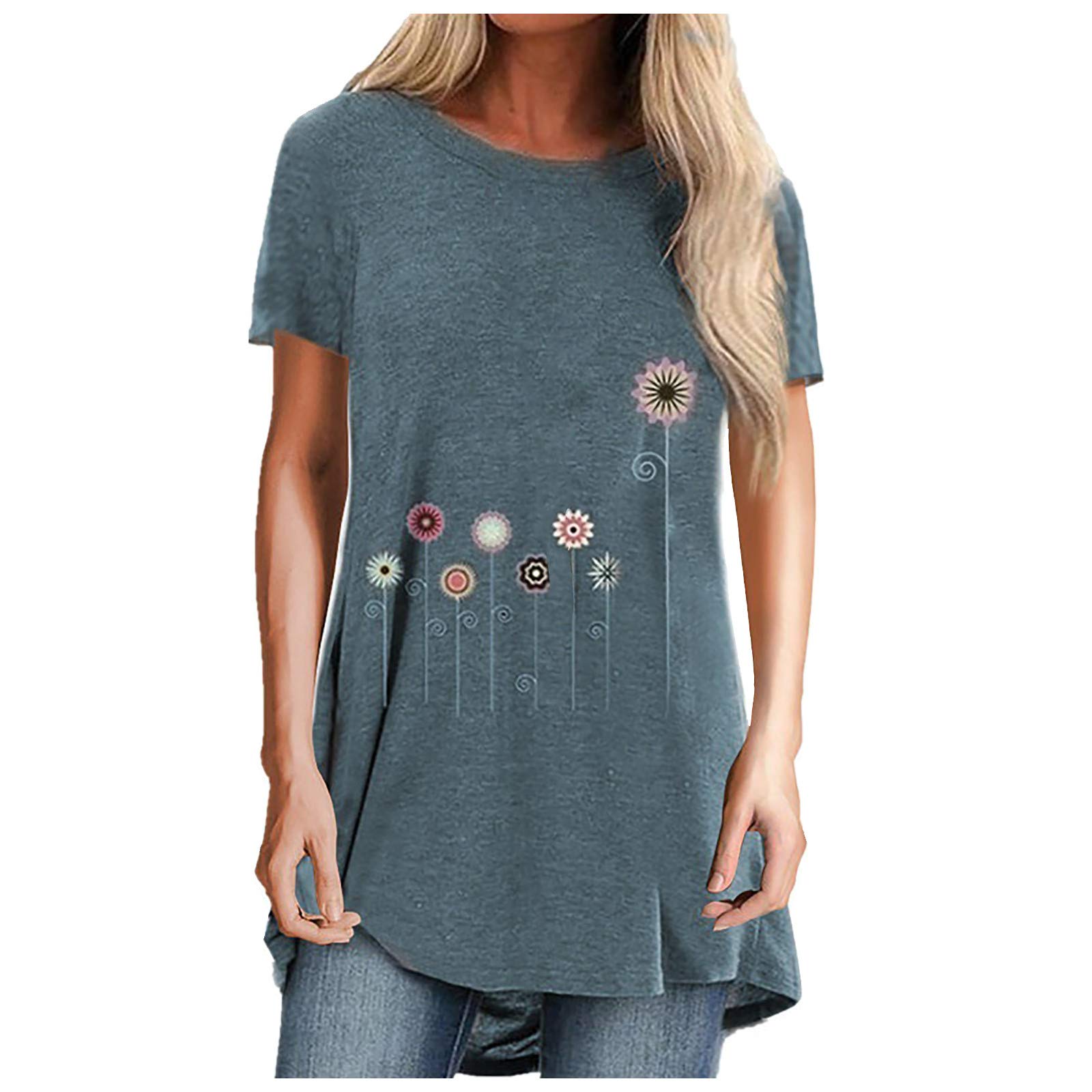 Blouses and Shirt Long Tops for Women Short Sleeve Loose Print Round Neck Latest
