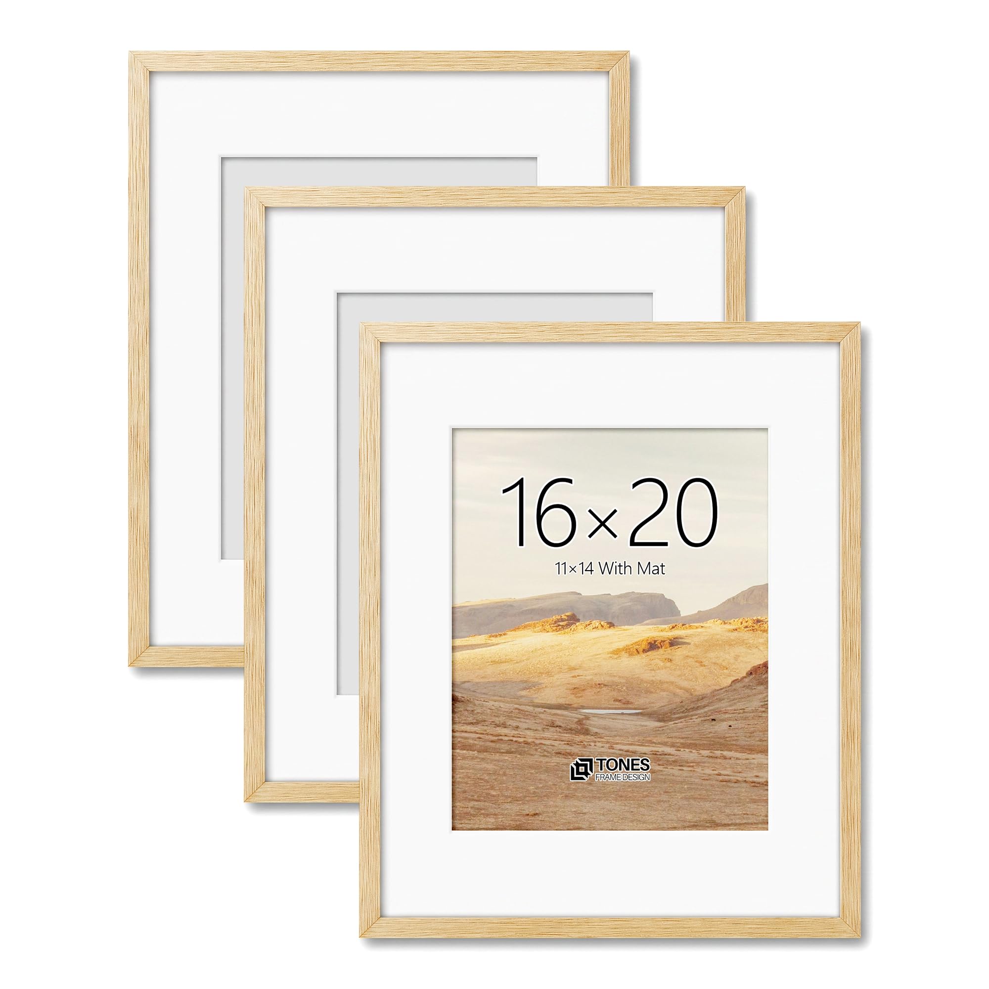 TONES FRAME DESIGN 16x20 Picture Frame,Solid Oak Wood Frame with Mat,3 Pack | Fi