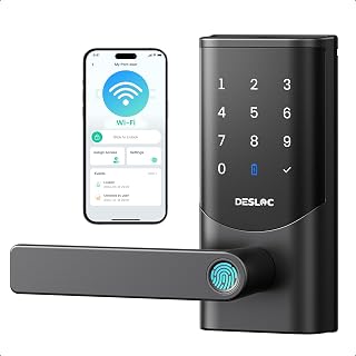 DESLOC K221 Fingerprint Smart Door Lock with Handle 16-Month Battery | Built-in WiFi, Keypad Door Lock with App Control, Auto Lock for Garage Entry Door, Front Door & Bedroom, Black