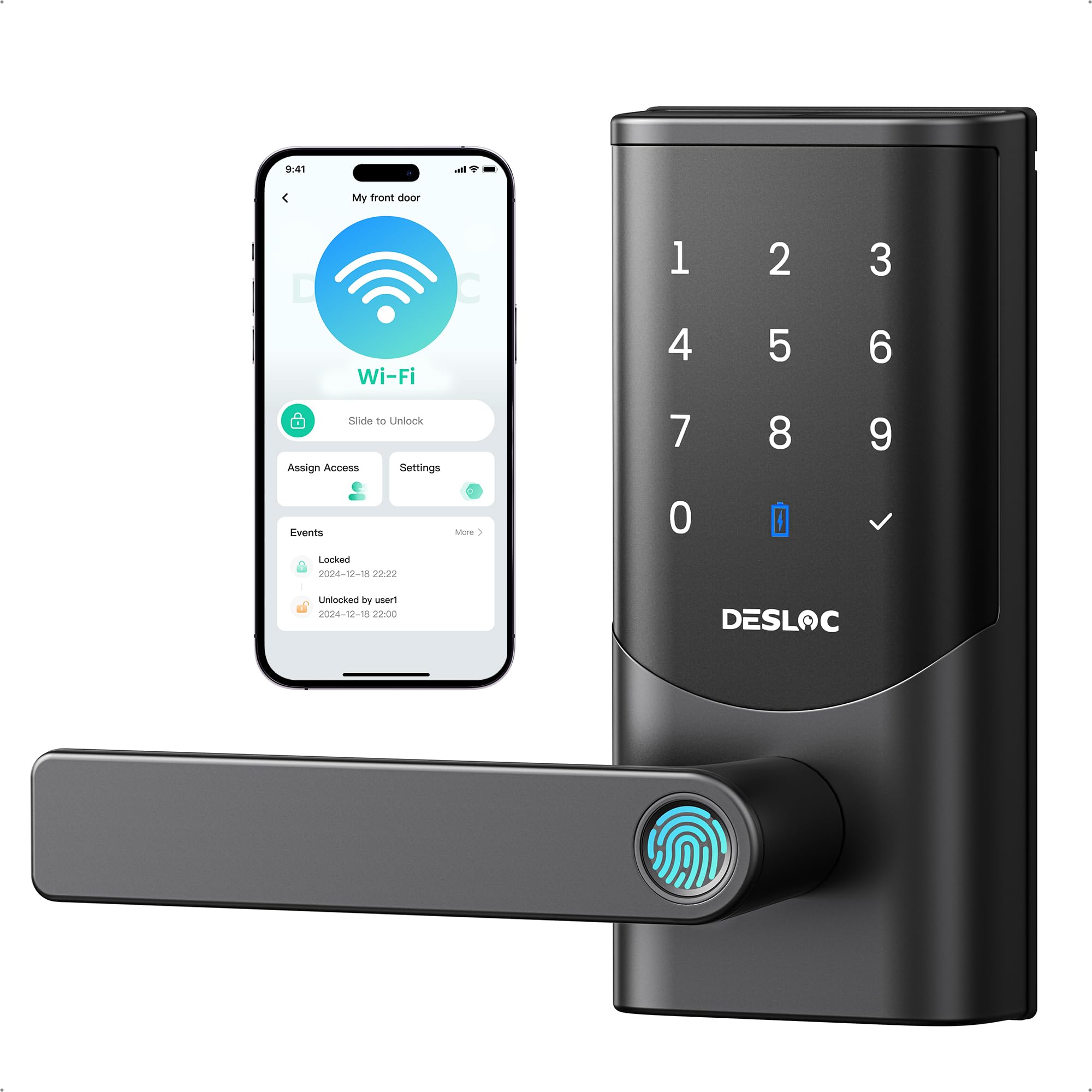 DESLOC K221 Fingerprint Smart Door Lock with Handle 16-Month Battery | Built-in 