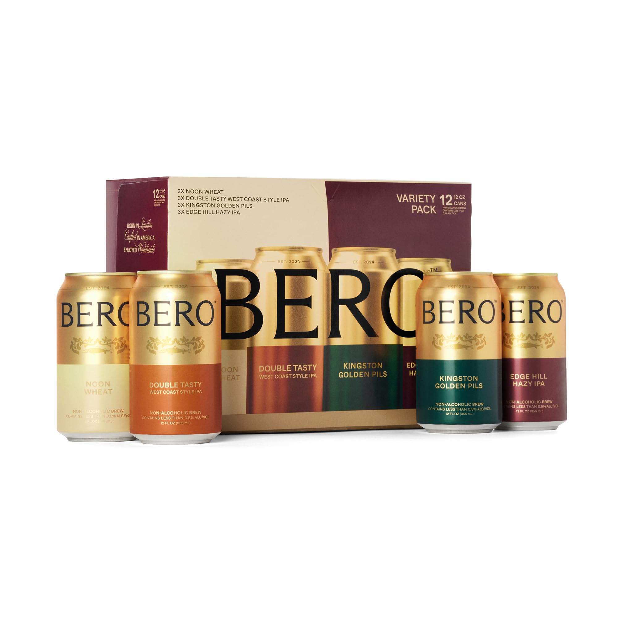 BERO Non Alcoholic Beer Refreshing 4 Flavors Variety, 12 Pack x 12 Oz Cans | NA 