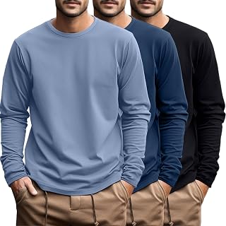Ficerd 3 Pack Men's Plus Size T Shirts, Cotton Long Sleeve T-Shirts, Round Neck and Oversized Tops