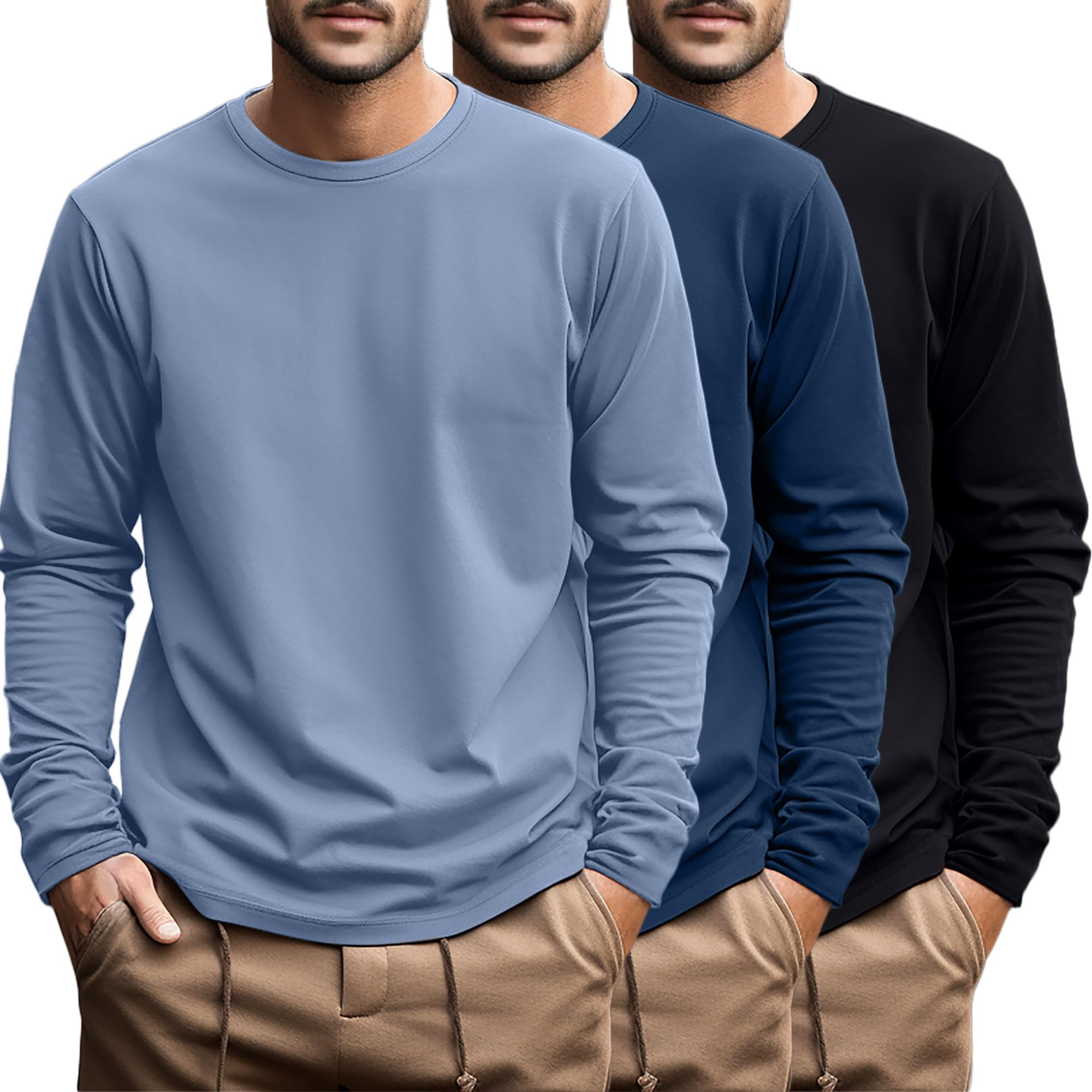 Ficerd 3 Pack Men's Plus Size T Shirts, Cotton Long Sleeve T-Shirts, Round Neck 