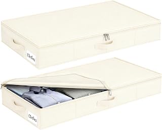 Underbed Storage Box with Lid, 12 cm High, Pack of 2, Foldable Underbed Storage, Washable Clothes Storage & Organisation, 3 Handles, Zip Lid, Storage Boxes for Clothes, Blankets