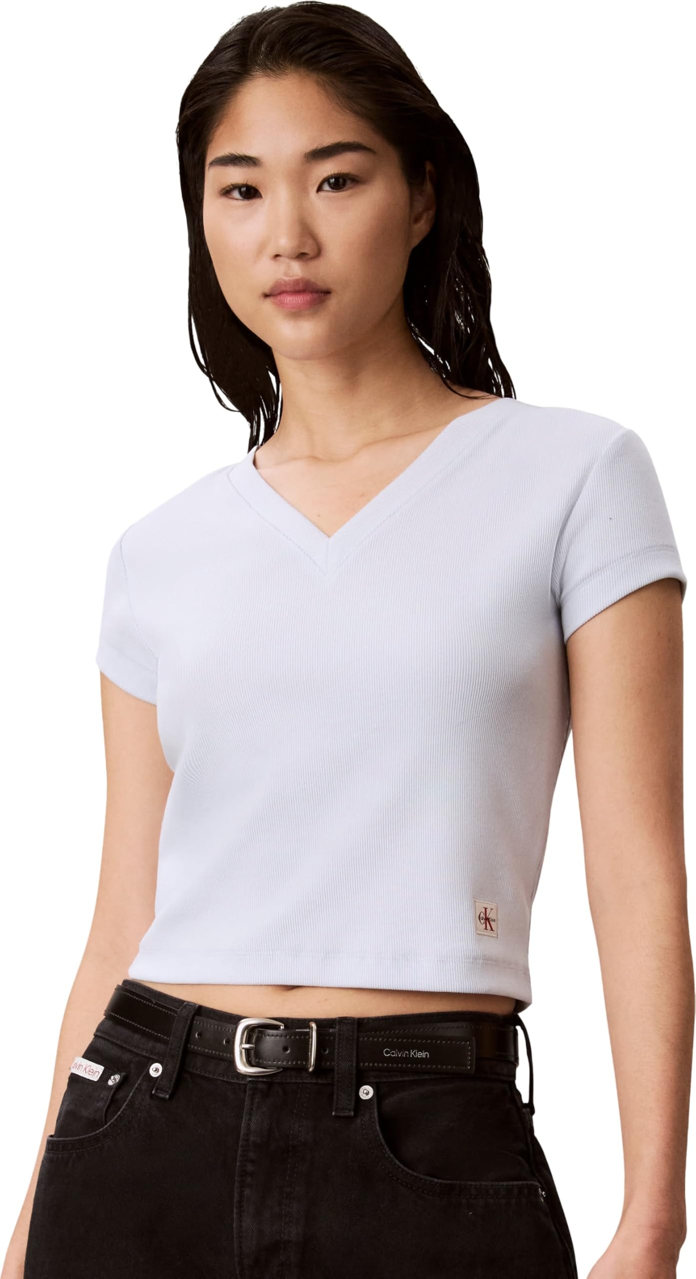 Calvin Klein Donna T-Shirt Maniche Corte Woven Label Rib Tee con Scollo a V