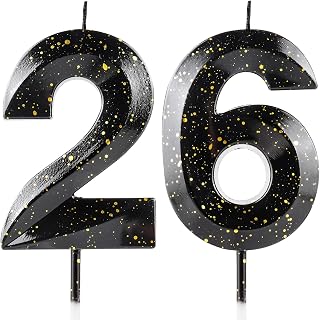 Number 26 Candles 26th Birthday Candles 3D Black Gold Happy Birthday Candle Premium Wax & 3D Diamond Design Cake Topper Decorations for Party Wedding Anniversary Celebration Supplie