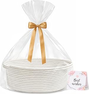 KODOMOORE Gift Basket Empty, Small Baby Shower Basket for Gifts, White | Gift Bag &amp; Ribbon Included | 12x8x5 in | Woven Cotton Rope | Sturdy Handles | Cute Basket for Baby Boy Girl
