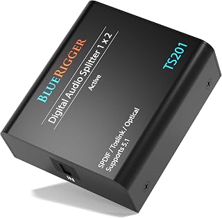 BlueRigger Digital Optical Audio Splitter (1x2 Active Toslink Splitter) | Powered Digital Optical Splitter 1 In 2 Out (LPCM2.0, Dolby Digital, DTS 5.1) for Home Theatre, DVD, TV, Receiver, Sound Bar