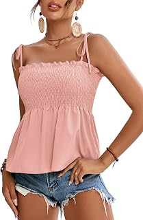 LYANER Women's Tie Shoulder Frill Shirred Ruffle Hem Sleeveless Strappy Cami Blouse Peplum Top