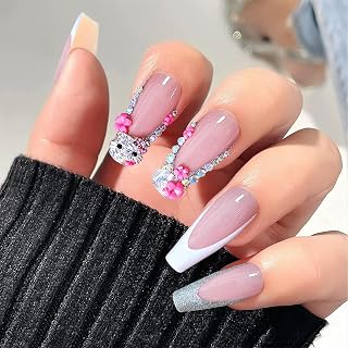 24pcs French Tips Rhinestone Press-On Nail Set Long Sparkly Artificial Nail Tips for Women Bride Lovers Salon Party