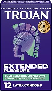 Trojan Extended Pleasure Lubricated Latex Condoms for Men, 12 Count | Climax-Control Lubricant with Benzocaine, Premium Latex, Help Reduce Risk of Pregnancy, Help Reduce Risk of STIs