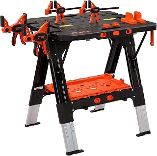 PONY 2-in-1 Folding Workbench, 227 kg Work Table & 454 kg Sawhorse | 6 Adjustable Height, Aluminum-Made Leg Frame, 4 Clamps & 4 Bench Dogs, Easy To Carry