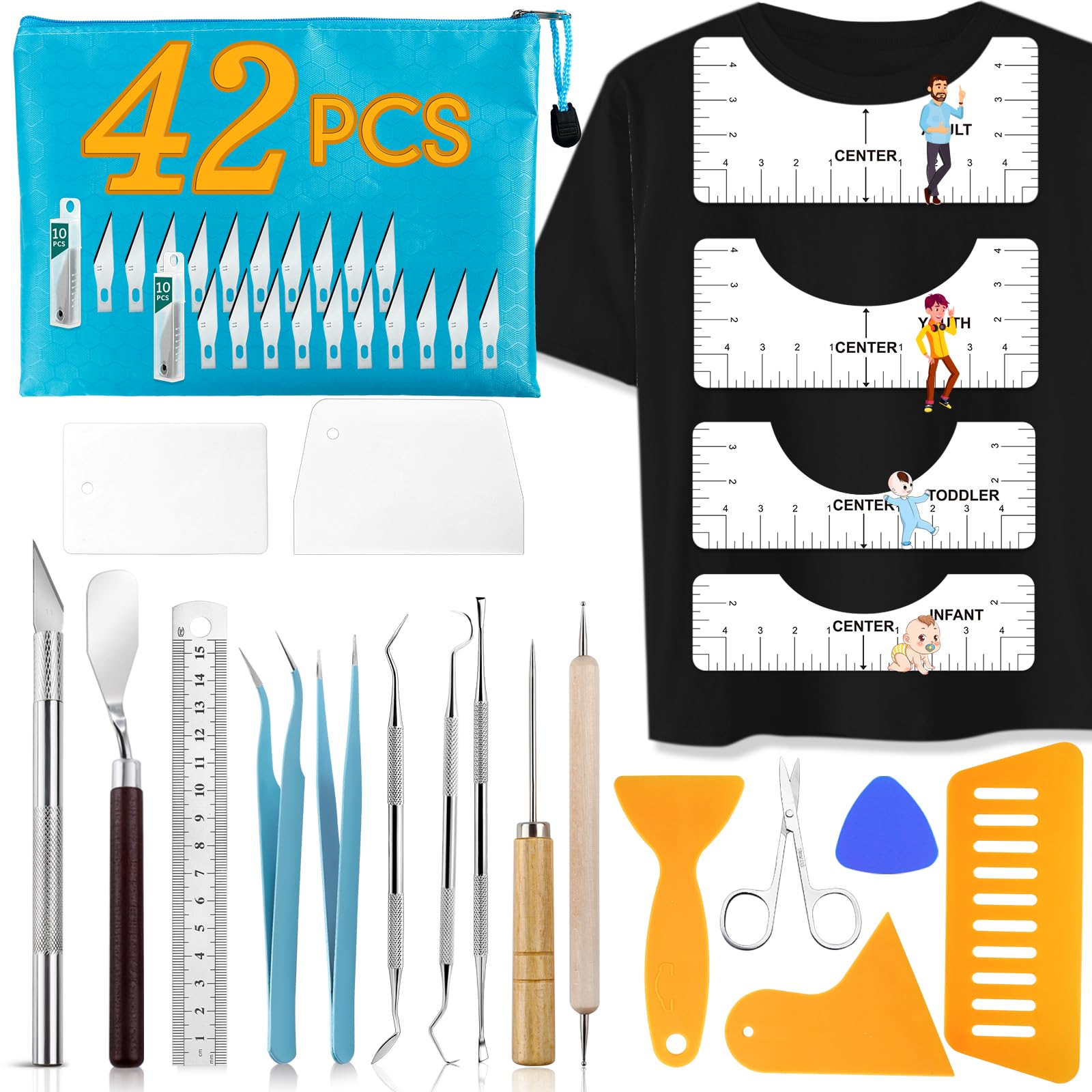 42pcs Vinyl Weeding Tools with T-Shirt Ruler Guide, Craft Tools Set for DIY Heat